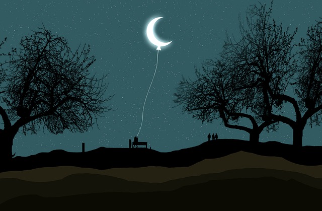 Mondnacht: gemaltes Bild mit einem Halbmond, der wie ein Luftballon Ã¼ber einer Bank schwebt. Daneben sind blattlose BÃ¤ume.