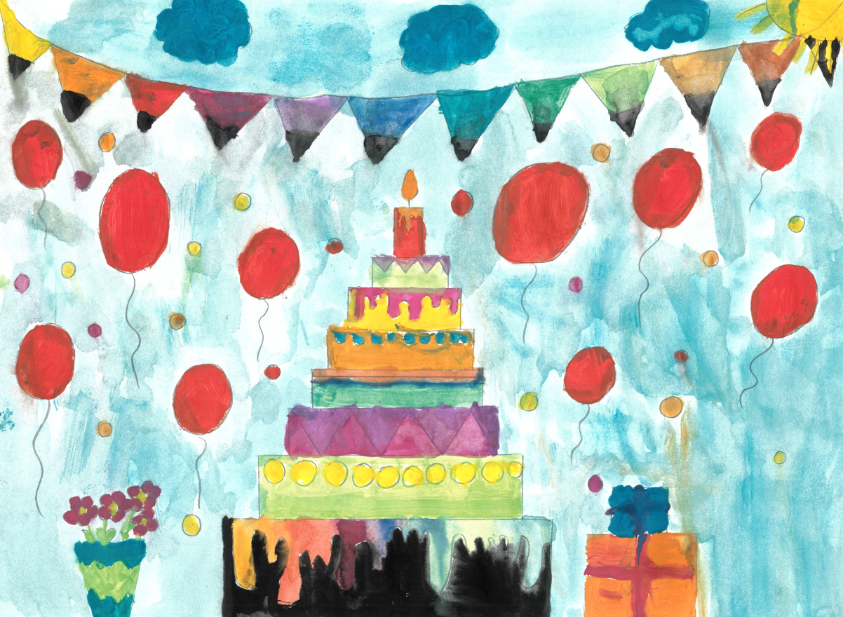 Wasserfarbenbild einer mehrstÃ¶ckigen Geburtstagstorte mit zwei Geschenken rechts daneben, links daneben rote Blumenin einer blau-grÃ¼nen Vase darÃ¼ber rote Luftballons und bunte Wimpel